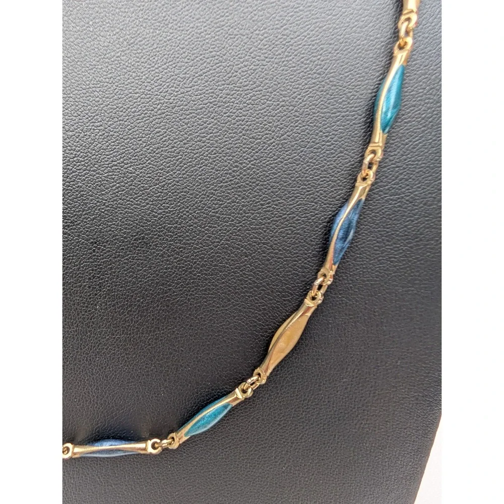 Vintage Gold Tone Blue Teal Enamel Station Link Necklace Lobster Clasp 24 Inch